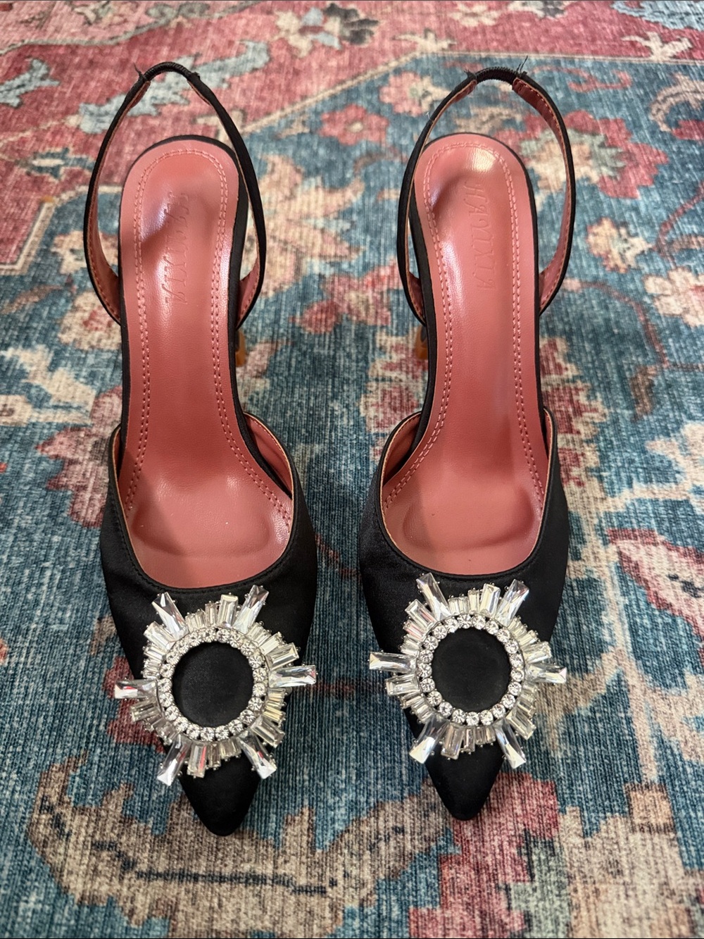 Women's Black satin Slingback Pumps with Crystal Sunburst Accent size 38